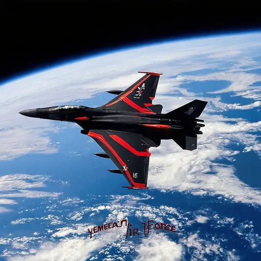 Prompt: f-16 fighter over the earth of the space, black &Red &white colour, the Text "Yemeni Air Force"