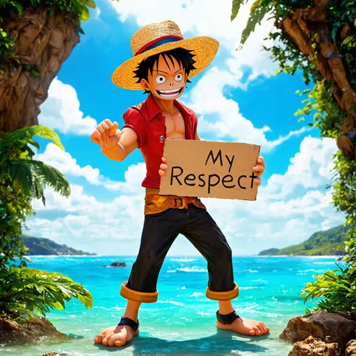 Prompt: Monkey D Luffy holding a sign with the word  “my respect” written on it,

