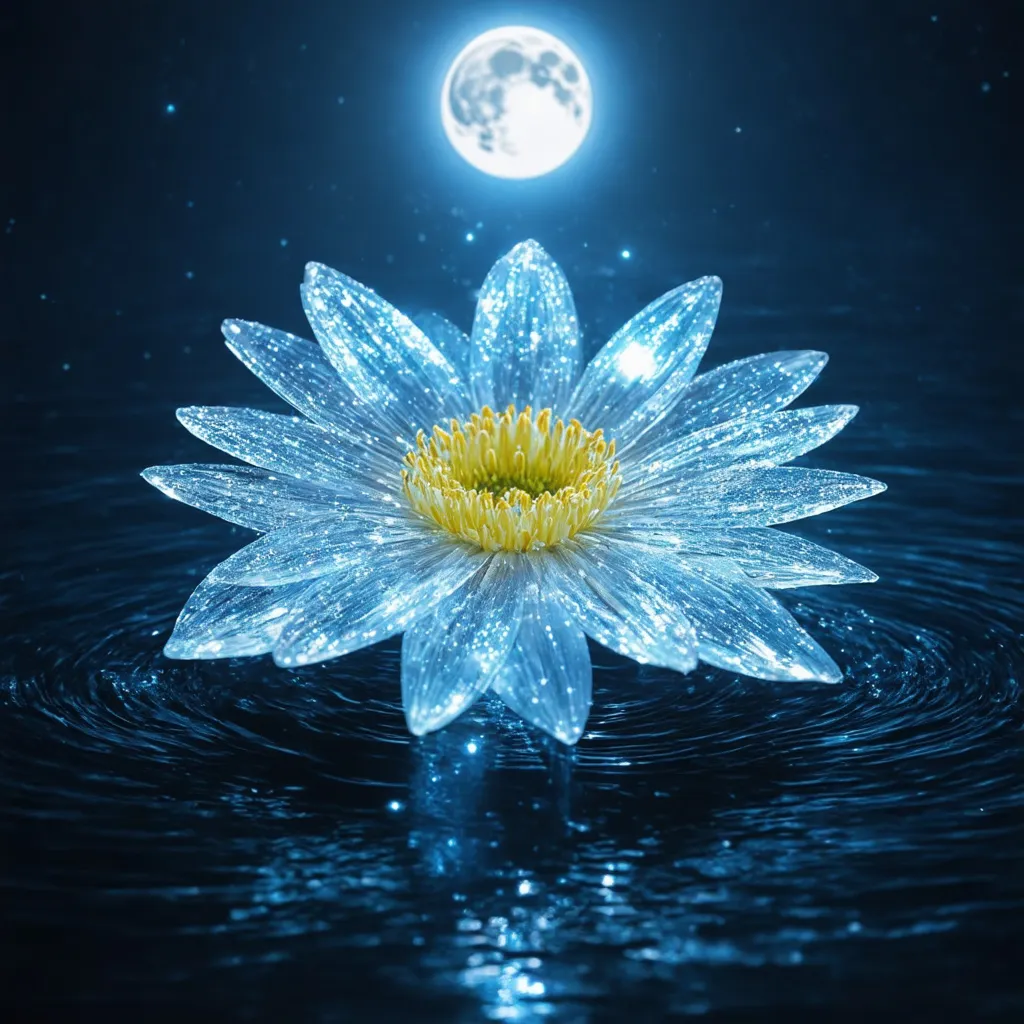 Prompt: (beautiful transparent magic argentum flower), ethereal glow, shimmering moonlight, enchanting stardust, serene lake background, floating gracefully on the water, illuminated by a radiant full moon, starry night sky, captured in pointilism style, tranquil atmosphere, mystical ambiance, ultra-detailed, high-quality 4K.