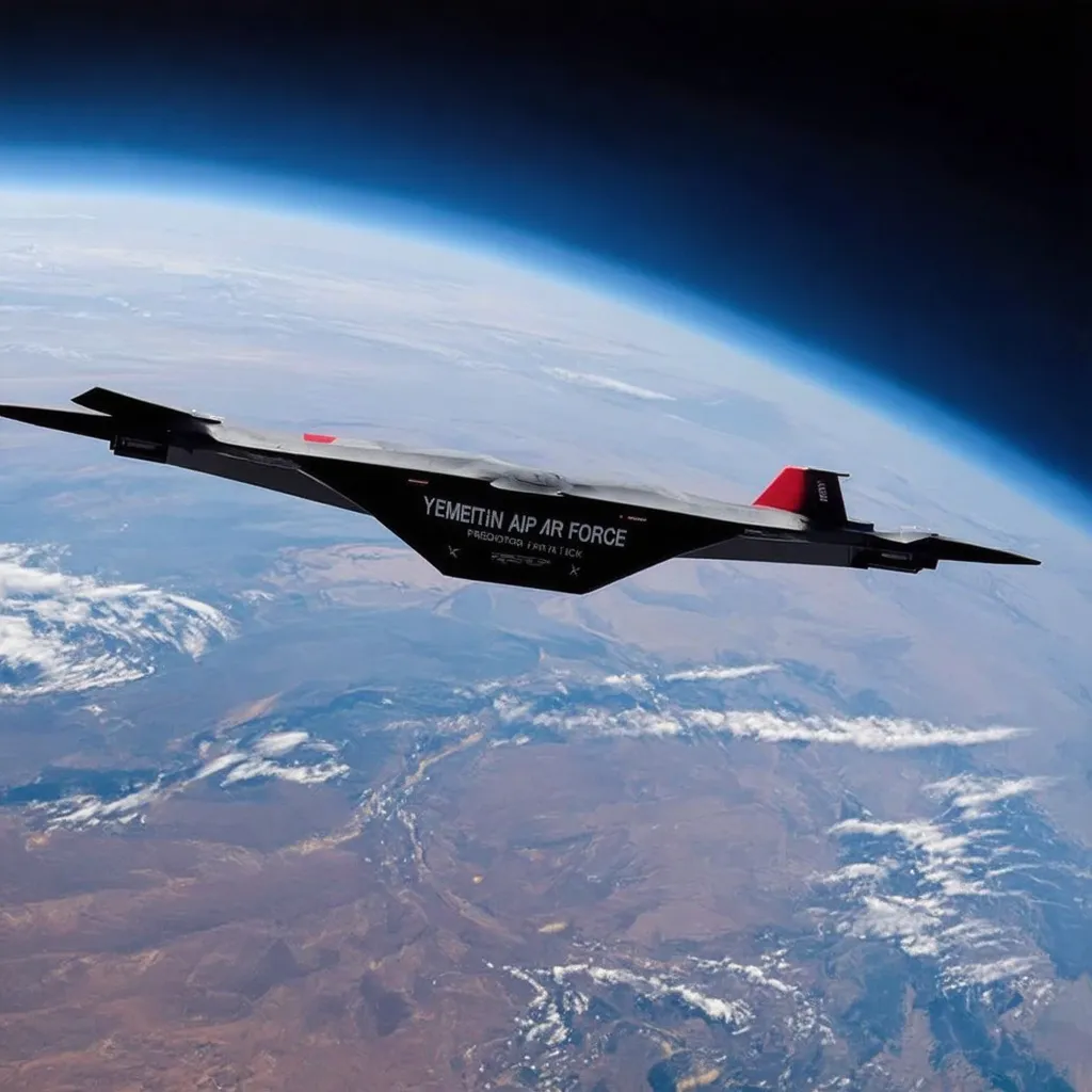 Prompt:  Predator Attack drone over the earth of the space, black &Red &white colour, the Text "Yemeni Air Force"