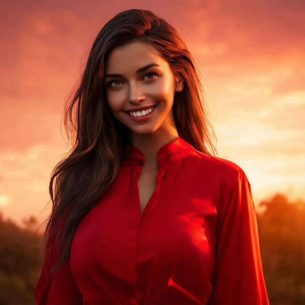 Prompt: Hyperrealistic portrait of a beautiful woman wearing detailed red clothing with a background of a sunset in varying shades of red