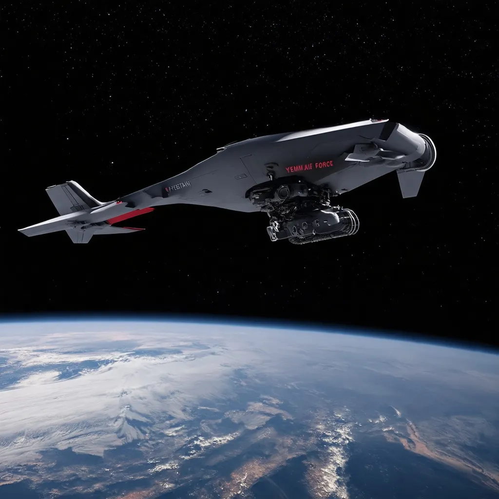 Prompt:  Predator Attack drone over the earth of the space, black &Red &white colour, the Text "Yemeni Air Force"