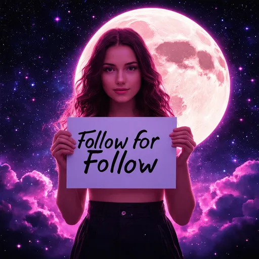 Prompt: Girl holding a sign with the word  “follow for Follow” written on it,
Pink full moon in Scorpio celestial goddess cosmic psychedelic enchanted surrealist magic mystical ethereal
