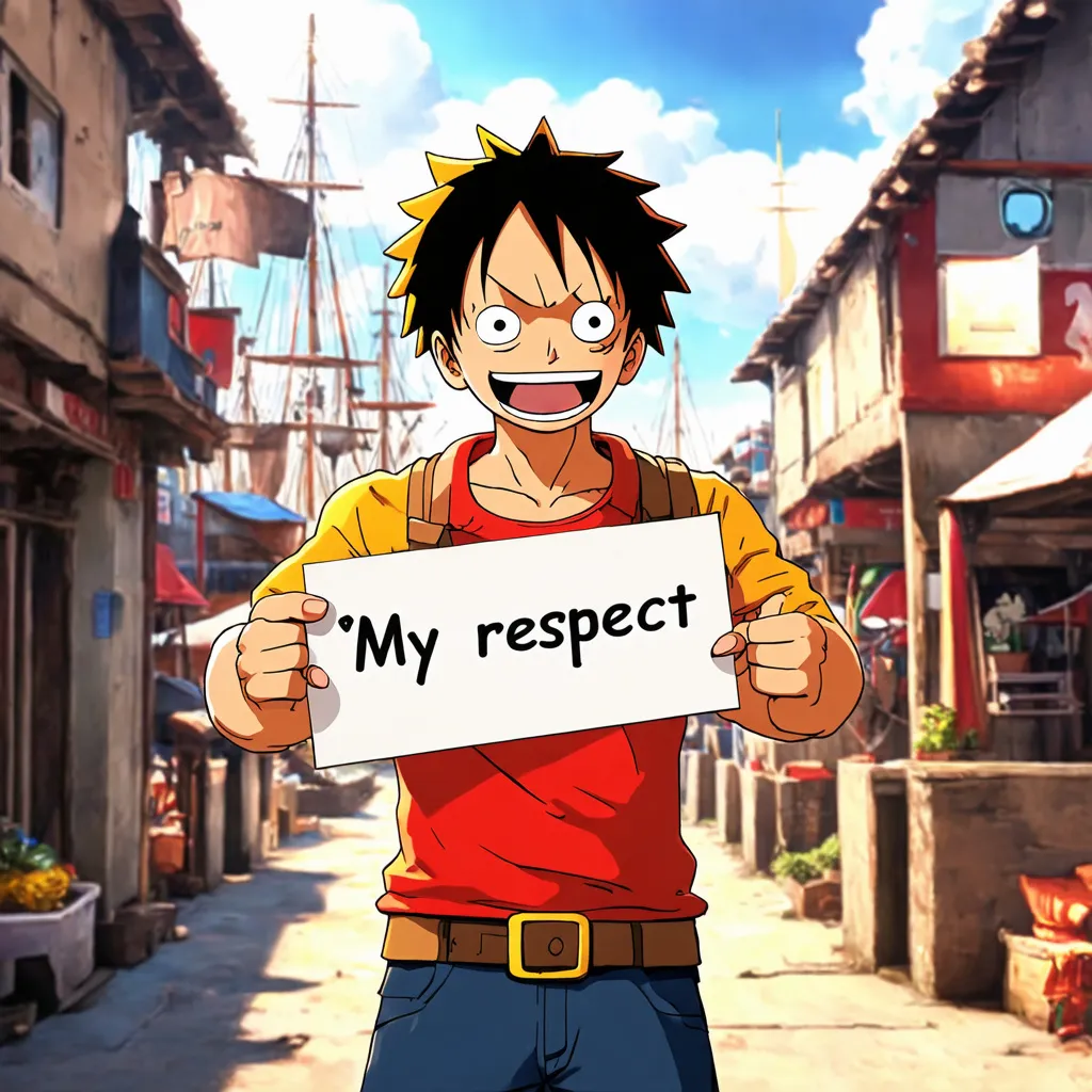 Prompt:  Luffy holding a sign with the word  “my respect” written on it,

