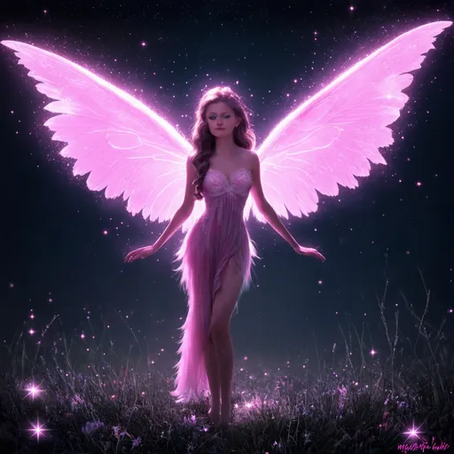 Prompt:  Crisp mystical legendary huge wings sparkle deep magical pink fairy in the deep night at dark mystical night,