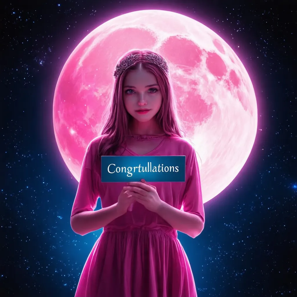 Prompt: Girl holding a sign with the word  “Congratulations” written on it,
Pink full moon in Scorpio celestial goddess cosmic psychedelic enchanted surrealist magic mystical ethereal
