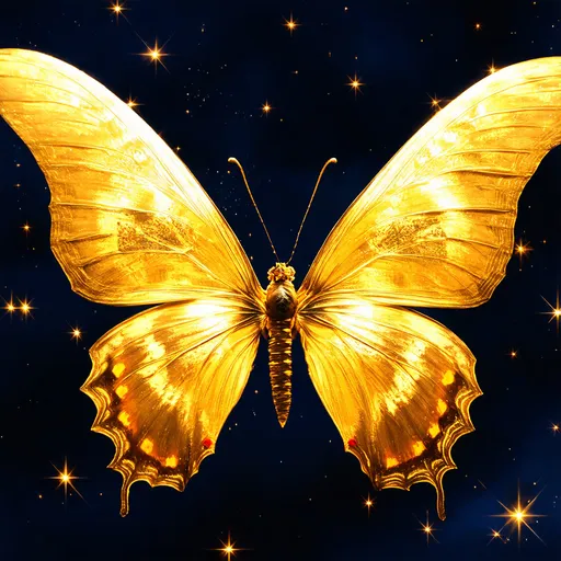 Prompt: colore gold, Crisp mystical legendary huge wings sparkle deep magical goldfull butterfly in the deep night at dark mystical night,