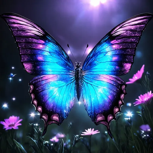 Prompt:  Crisp mystical legendary huge wings sparkle deep magical colorfull butterfly in the deep night at dark mystical night,