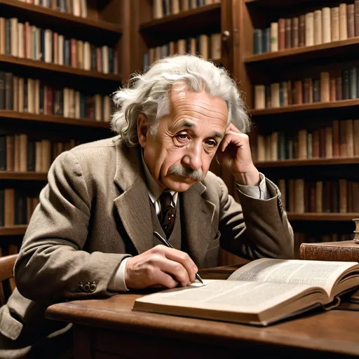 Prompt: (image of Albert Einstein), sitting at a (traditional wooden desk), deeply engaged in reading a book, surrounded by (classic bookshelves), warm ambient lighting casting gentle shadows, an atmosphere of (concentration and intellectual curiosity), (ultra-detailed, high quality), rich textures and colors that evoke a sense of historical importance and creativity.