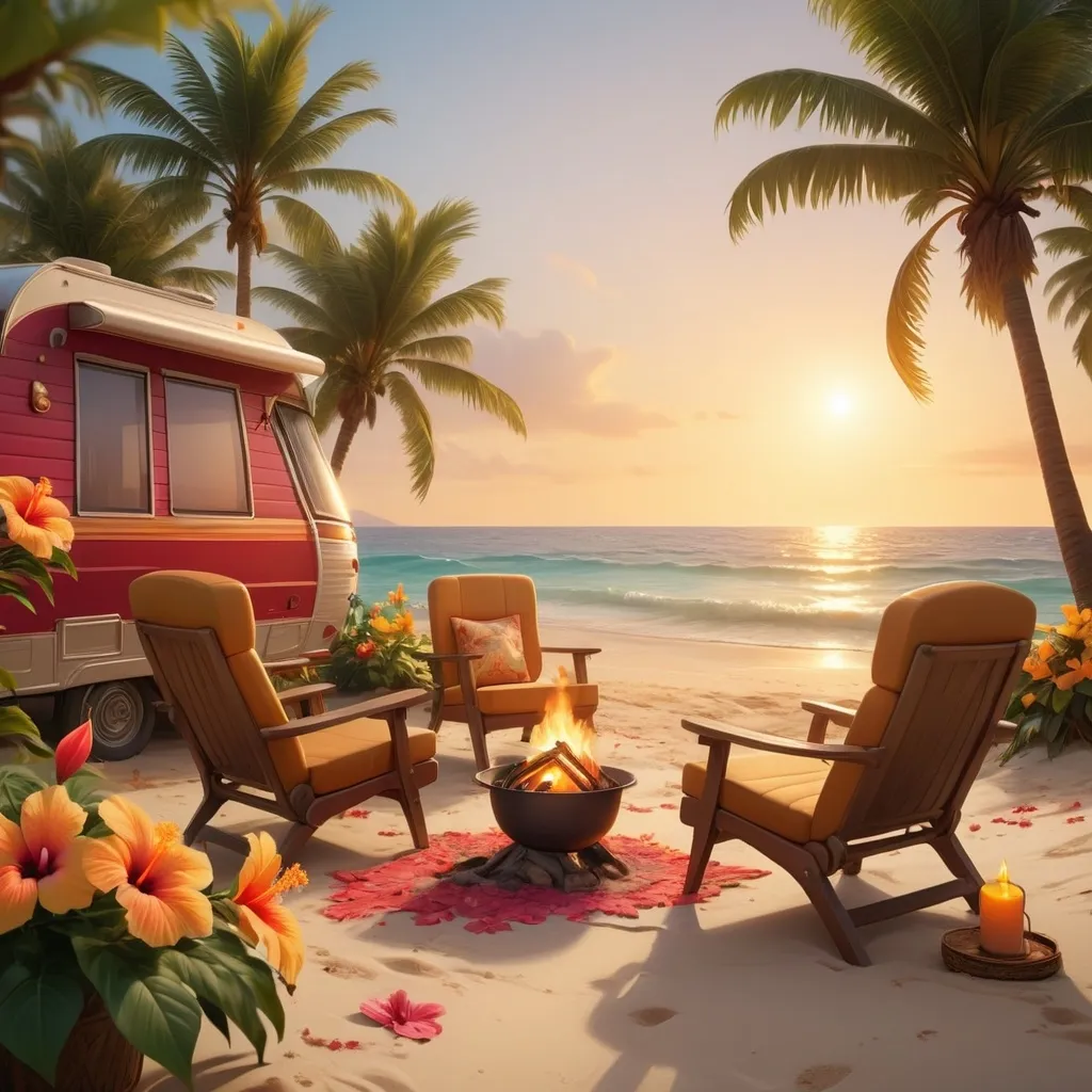 Prompt: Caravan by the beach hibiscus flowers chairs fire