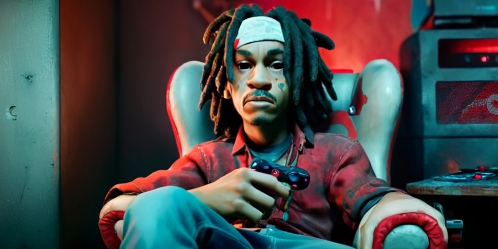 Prompt: man with dreadlocks, smoke cigar, playstation 5, red bandana, sitting in gaming chair, 
 