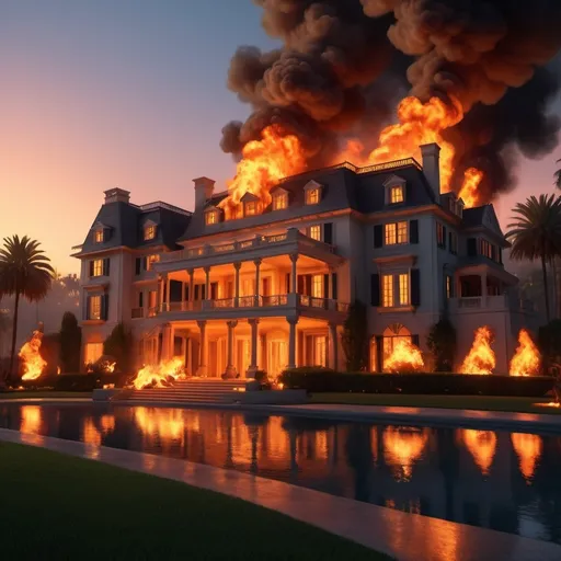 Prompt: Create image showing hollywood celebrity mansion catch fire 
