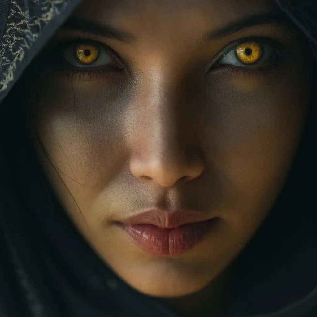 Prompt: a Malay woman with yellow eyes is staring at the camera with a serious look on her face, photorealistic.