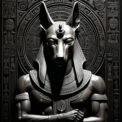 Prompt: a majestic Anubis, meticulously carved with bold, clean lines. The god stands tall and imposing, his jackal head rendered in stark contrast against the background, every detail carefully etched to highlight his powerful presence. The simplicity of the linocut technique brings out the strong features and muscular build of Anubis, his figure outlined with thick, black lines. His eyes gleam with an intense, otherworldly wisdom, and the intricate patterns of his ornate clothing are skillfully detailed in the carving. The background features traditional Egyptian motifs, such as hieroglyphs and ancient symbols, etched in a repetitive, rhythmic pattern that complements the central figure. The overall effect is a striking and powerful depiction of Anubis, combining the ancient mythological subject with the timeless artistry of linocut, creating a bold, graphic representation that captures the god's majesty and mystique.