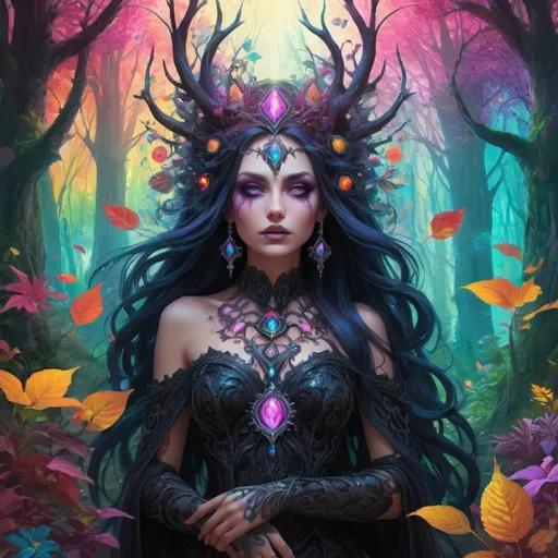 Prompt: Imagine a mesmerizing scene featuring a beautiful gothic princess, reminiscent of Thrall from World of Warcraft, as he gracefully navigates a vibrant, psychedelic mythic forest. The atmosphere is a kaleidoscope of vivid colors and swirling patterns, creating an otherworldly, dreamlike landscape. Trees with neon-hued leaves twist and turn in surreal forms, their branches glowing with an ethereal light. As he walks, her dark attire contrasts dramatically with the riot of colors around her, adding to her enigmatic allure. Small, cute animals with large, expressive eyes peek out from the foliage, their fur reflecting the forest's radiant hues, watching her in awe and wonder. The air buzzes with a sense of magical realism, as if anything could happen in this fantastical, psychedelic paradise.
