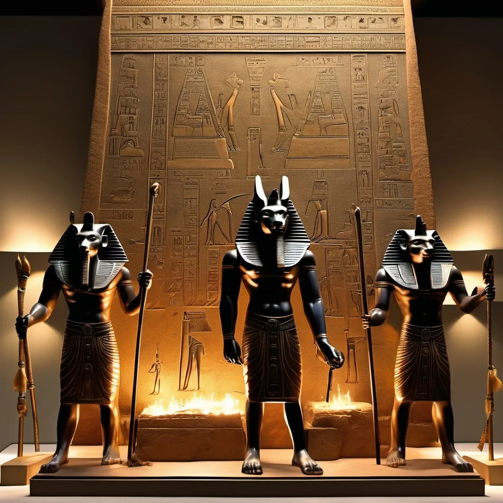 Prompt: a hyper-realistic scene where ancient Egyptians are worshiping Anubis in front of a colossal, glowing pyramid. Every detail is meticulously rendered, from the intricate patterns on the Egyptians' garments to the texture of the sandstone blocks that make up the pyramid. The worshipers, with their faces etched with reverence and devotion, stand in precise, ceremonial formations. Anubis, depicted with stunning lifelike accuracy, looms majestically, his jackal head and human body rendered in exquisite detail, every fur strand and muscle visible. The pyramid glows with a warm, golden light that illuminates the night, casting realistic shadows and highlighting the fine details of the hieroglyphs etched into its surface. The scene is alive with the flicker of torches, the shimmering reflection of light on polished surfaces, and the palpable sense of awe and spiritual connection. This hyper-realistic portrayal captures the profound reverence of the ancient Egyptians for their gods, bringing their worship to life with breathtaking clarity