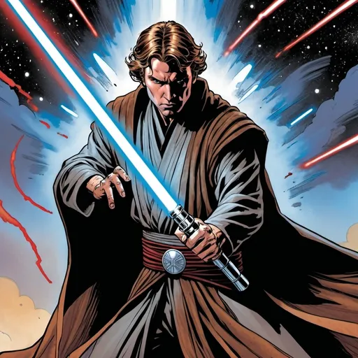 Prompt: a Jedi Knight standing triumphant after an intense battle against a Sith warrior. The art is bold and vibrant, with dramatic lines and dynamic colors capturing the epic clash. The Jedi, cloaked in traditional robes, holds a gleaming lightsaber aloft, its blue blade humming with energy. His face shows a mix of relief and determination, shadows playing across his features in the dramatic comic book shading. Behind him, the defeated Sith warrior lies on the ground, their red lightsaber flickering out. The background is filled with cosmic swirls and starbursts, emphasizing the galactic scale of their confrontation. Speech bubbles and action lines add to the intensity, making this iconic moment leap off the page with classic comic book flair.