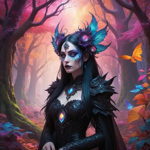 Prompt: Imagine a mesmerizing scene featuring a beautiful gothic princess, reminiscent of Thrall from World of Warcraft, as he gracefully navigates a vibrant, psychedelic mythic forest. The atmosphere is a kaleidoscope of vivid colors and swirling patterns, creating an otherworldly, dreamlike landscape. Trees with neon-hued leaves twist and turn in surreal forms, their branches glowing with an ethereal light. As he walks, her dark attire contrasts dramatically with the riot of colors around her, adding to her enigmatic allure. Small, cute animals with large, expressive eyes peek out from the foliage, their fur reflecting the forest's radiant hues, watching her in awe and wonder. The air buzzes with a sense of magical realism, as if anything could happen in this fantastical, psychedelic paradise.
