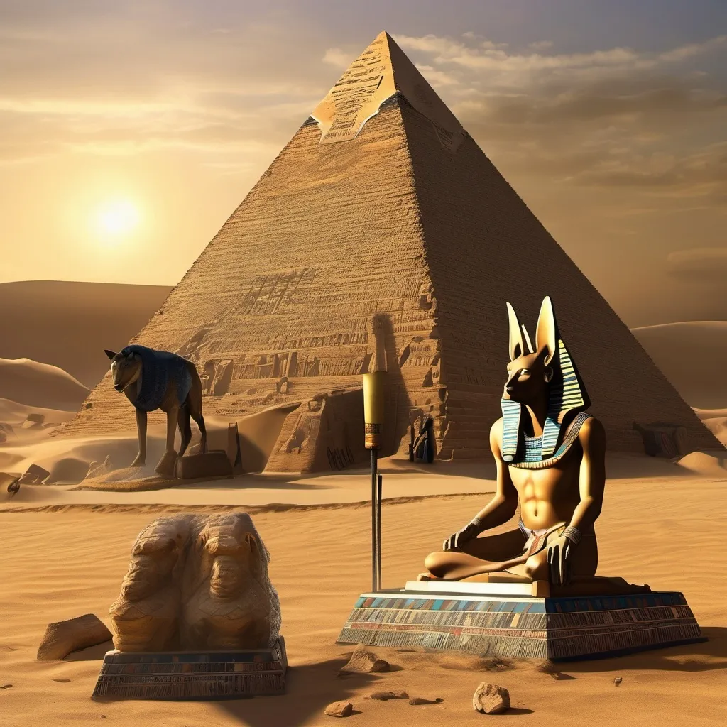 Prompt: a hyper-realistic scene where ancient Egyptians are worshiping Anubis in front of a colossal, glowing pyramid. Every detail is meticulously rendered, from the intricate patterns on the Egyptians' garments to the texture of the sandstone blocks that make up the pyramid. The worshipers, with their faces etched with reverence and devotion, stand in precise, ceremonial formations. Anubis, depicted with stunning lifelike accuracy, looms majestically, his jackal head and human body rendered in exquisite detail, every fur strand and muscle visible. The pyramid glows with a warm, golden light that illuminates the night, casting realistic shadows and highlighting the fine details of the hieroglyphs etched into its surface. The scene is alive with the flicker of torches, the shimmering reflection of light on polished surfaces, and the palpable sense of awe and spiritual connection. This hyper-realistic portrayal captures the profound reverence of the ancient Egyptians for their gods, bringing their worship to life with breathtaking clarity