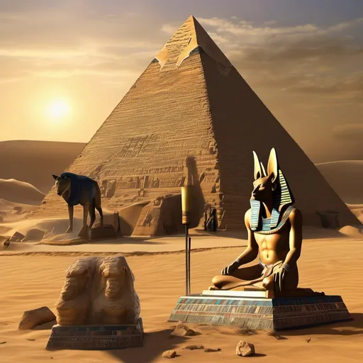 Prompt: a hyper-realistic scene where ancient Egyptians are worshiping Anubis in front of a colossal, glowing pyramid. Every detail is meticulously rendered, from the intricate patterns on the Egyptians' garments to the texture of the sandstone blocks that make up the pyramid. The worshipers, with their faces etched with reverence and devotion, stand in precise, ceremonial formations. Anubis, depicted with stunning lifelike accuracy, looms majestically, his jackal head and human body rendered in exquisite detail, every fur strand and muscle visible. The pyramid glows with a warm, golden light that illuminates the night, casting realistic shadows and highlighting the fine details of the hieroglyphs etched into its surface. The scene is alive with the flicker of torches, the shimmering reflection of light on polished surfaces, and the palpable sense of awe and spiritual connection. This hyper-realistic portrayal captures the profound reverence of the ancient Egyptians for their gods, bringing their worship to life with breathtaking clarity