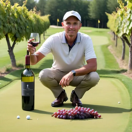 Prompt: A photo picture of a golf player on a golf yard, who uses wine bottles, wine glasses, wine grapes instead of his golf utilites.