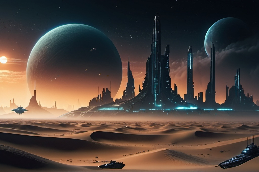 Prompt: Sci-fi desert planet, neon-lit city skyline in the background, acid rain pouring, thick, eerie fog enveloping the landscape, night time scene, space battleship fleet flying high above, dramatic cinematic lighting, intense and mysterious atmosphere, detailed sand dunes, ultra-detailed, 4K, high depth cinematic masterpiece, stars and distant galaxies partially obscured by dark clouds, intricate futuristic architecture, distant city, HD.