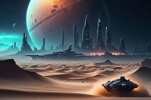 Prompt: Sci-fi desert planet, neon-lit city skyline in the background, acid rain pouring, thick, eerie fog enveloping the landscape, night time scene, space battleship fleet flying high above, dramatic cinematic lighting, intense and mysterious atmosphere, detailed sand dunes, ultra-detailed, 4K, high depth cinematic masterpiece, stars and distant galaxies partially obscured by dark clouds, intricate futuristic architecture, distant city, HD.