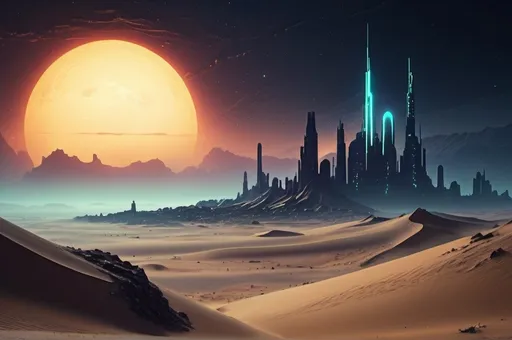 Prompt: Sci-fi desert planet, neon-lit ruined city skyline in the background, acid rain pouring, thick, eerie fog enveloping the landscape, night time scene, dramatic cinematic lighting, intense and mysterious atmosphere, detailed sand dunes, ultra-detailed, 4K, high depth cinematic masterpiece, stars and distant galaxies partially obscured by dark clouds, intricate futuristic architecture, distant city, destroyed city, city ruins, HD.