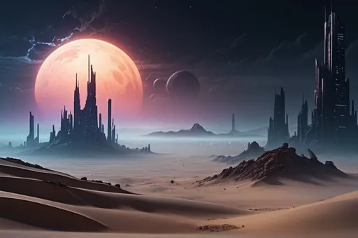 Prompt: Sci-fi desert planet, neon-lit ruined city skyline in the background, acid rain pouring, thick, eerie fog enveloping the landscape, night time scene, dramatic cinematic lighting, intense and mysterious atmosphere, detailed sand dunes, ultra-detailed, 4K, high depth cinematic masterpiece, stars and distant galaxies partially obscured by dark clouds, intricate futuristic architecture, distant city, destroyed city, city ruins, HD.