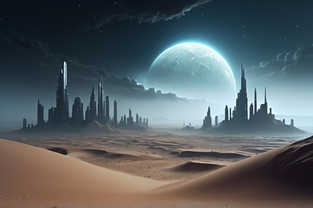 Prompt: Sci-fi desert planet, destroyed city skyline in the background, acid rain pouring, thick, eerie fog enveloping the landscape, night time scene, dramatic cinematic lighting, intense and mysterious atmosphere, detailed sand dunes, ultra-detailed, 4K, high depth cinematic masterpiece, stars and distant galaxies partially obscured by dark clouds, intricate futuristic architecture, distant city, HD.