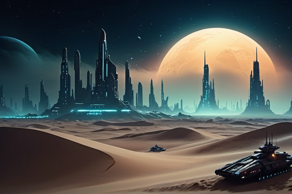 Prompt: Sci-fi desert planet, neon-lit city skyline in the background, acid rain pouring, thick, eerie fog enveloping the landscape, night time scene, space battleship fleet flying high above, dramatic cinematic lighting, intense and mysterious atmosphere, detailed sand dunes, ultra-detailed, 4K, high depth cinematic masterpiece, stars and distant galaxies partially obscured by dark clouds, intricate futuristic architecture, HD.