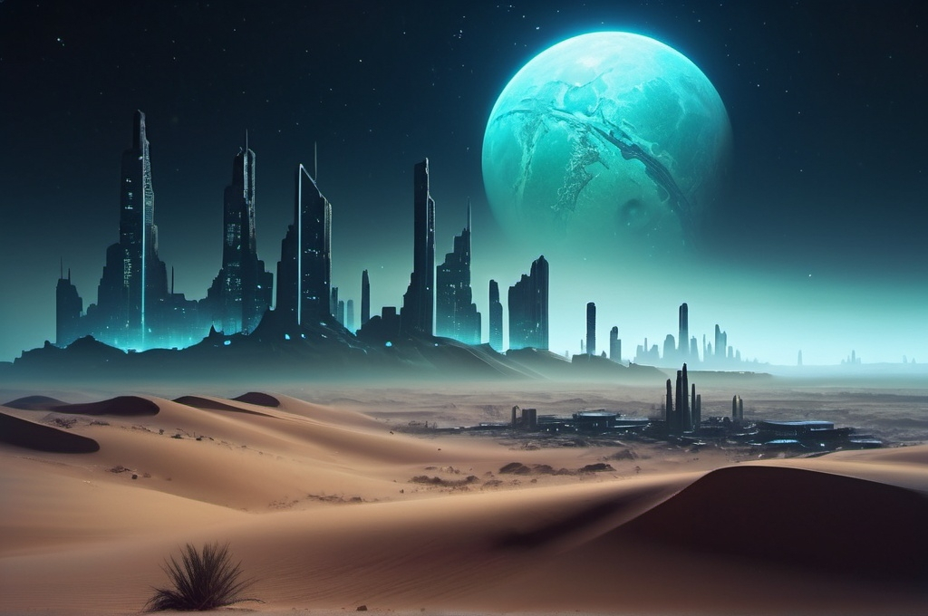 Prompt: Sci-fi desert planet, neon-lit ruined city skyline in the background, acid rain pouring, thick, eerie fog enveloping the landscape, night time scene, dramatic cinematic lighting, intense and mysterious atmosphere, detailed sand dunes, ultra-detailed, 4K, high depth cinematic masterpiece, stars and distant galaxies partially obscured by dark clouds, intricate futuristic architecture, distant city, destroyed city, city ruins, HD.