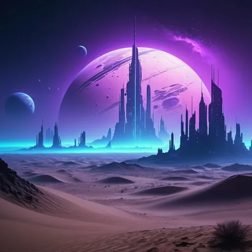 Prompt: Sci-fi desert planet, acid rain, fog, night, city skyline, space battleship