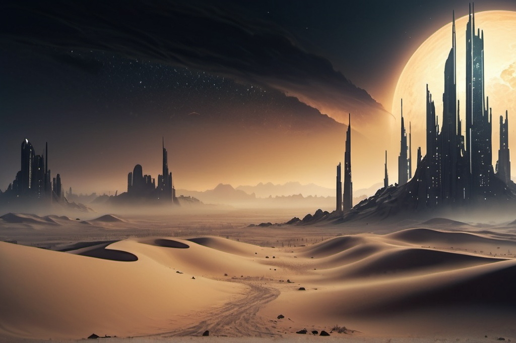 Prompt: Sci-fi desert planet, destroyed city skyline in the background, acid rain pouring, thick, eerie fog enveloping the landscape, night time scene, dramatic cinematic lighting, intense and mysterious atmosphere, detailed sand dunes, ultra-detailed, 4K, high depth cinematic masterpiece, stars and distant galaxies partially obscured by dark clouds, intricate futuristic architecture, distant city, HD.