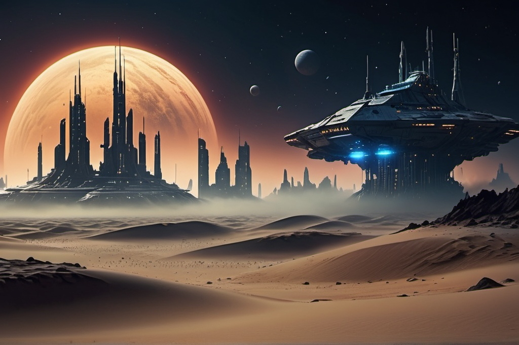 Prompt: Sci-fi desert planet, neon-lit city skyline in the background, acid rain pouring, thick, eerie fog enveloping the landscape, night time scene, space battleship fleet flying high above, dramatic cinematic lighting, intense and mysterious atmosphere, detailed sand dunes, ultra-detailed, 4K, high depth cinematic masterpiece, stars and distant galaxies partially obscured by dark clouds, intricate futuristic architecture, distant city, HD.