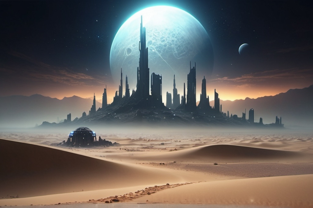 Prompt: Sci-fi desert planet, ruined city skyline in the background, acid rain pouring, thick, eerie fog enveloping the landscape, night time scene, dramatic cinematic lighting, intense and mysterious atmosphere, detailed sand dunes, ultra-detailed, 4K, high depth cinematic masterpiece, stars and distant galaxies partially obscured by dark clouds, intricate futuristic architecture, distant city, destroyed city, city ruins, HD.