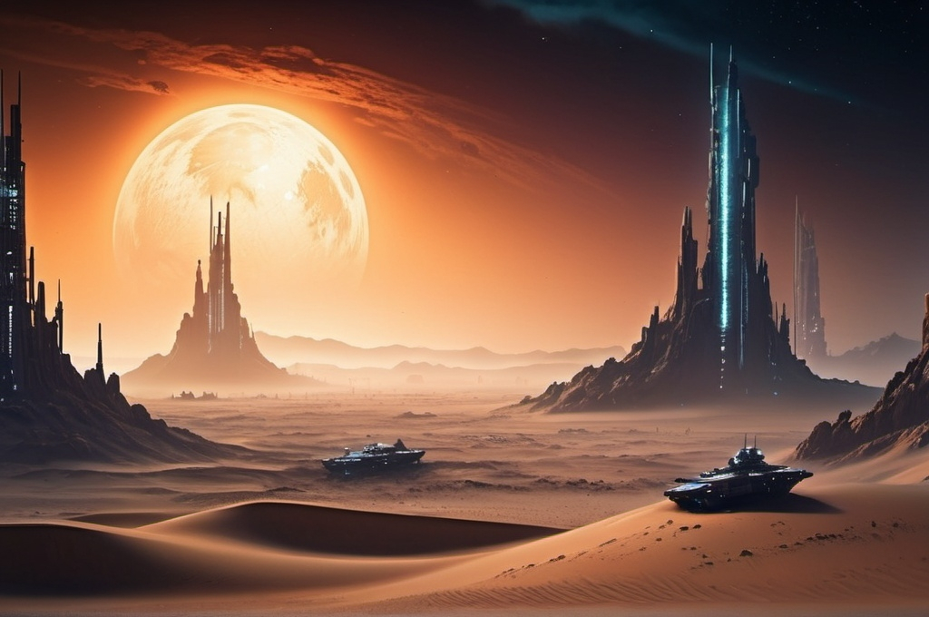 Prompt: Sci-fi desert planet, neon-lit city skyline in the background, acid rain pouring, thick, eerie fog enveloping the landscape, night time scene, space battleship fleet flying high above, dramatic cinematic lighting, intense and mysterious atmosphere, detailed sand dunes, ultra-detailed, 4K, high depth cinematic masterpiece, stars and distant galaxies partially obscured by dark clouds, intricate futuristic architecture, distant city, destroyed city, city ruins, HD.