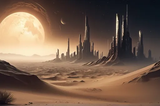 Prompt: Sci-fi desert planet, destroyed city skyline in the background, acid rain pouring, thick, eerie fog enveloping the landscape, night time scene, dramatic cinematic lighting, intense and mysterious atmosphere, detailed sand dunes, ultra-detailed, 4K, high depth cinematic masterpiece, stars and distant galaxies partially obscured by dark clouds, intricate futuristic architecture, distant city, HD.