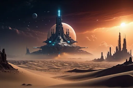 Prompt: Sci-fi desert planet, neon-lit city skyline in the background, acid rain pouring, thick, eerie fog enveloping the landscape, night time scene, space battleship fleet flying high above, dramatic cinematic lighting, intense and mysterious atmosphere, detailed sand dunes, ultra-detailed, 4K, high depth cinematic masterpiece, stars and distant galaxies partially obscured by dark clouds, intricate futuristic architecture, HD.