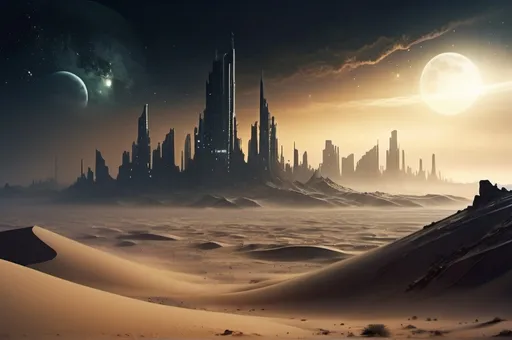 Prompt: Sci-fi desert planet, destroyed city skyline in the background, acid rain pouring, thick, eerie fog enveloping the landscape, night time scene, dramatic cinematic lighting, intense and mysterious atmosphere, detailed sand dunes, ultra-detailed, 4K, high depth cinematic masterpiece, stars and distant galaxies partially obscured by dark clouds, intricate futuristic architecture, distant city, HD.