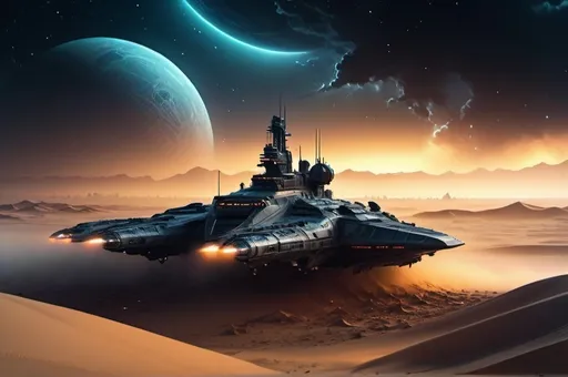 Prompt: Sci-fi desert planet, neon-lit city skyline in the background, acid rain pouring, thick, eerie fog enveloping the landscape, night time scene, space battleship fleet flying high above, dramatic cinematic lighting, intense and mysterious atmosphere, detailed sand dunes, ultra-detailed, 4K, high depth cinematic masterpiece, stars and distant galaxies partially obscured by dark clouds, intricate futuristic architecture, distant city, HD.