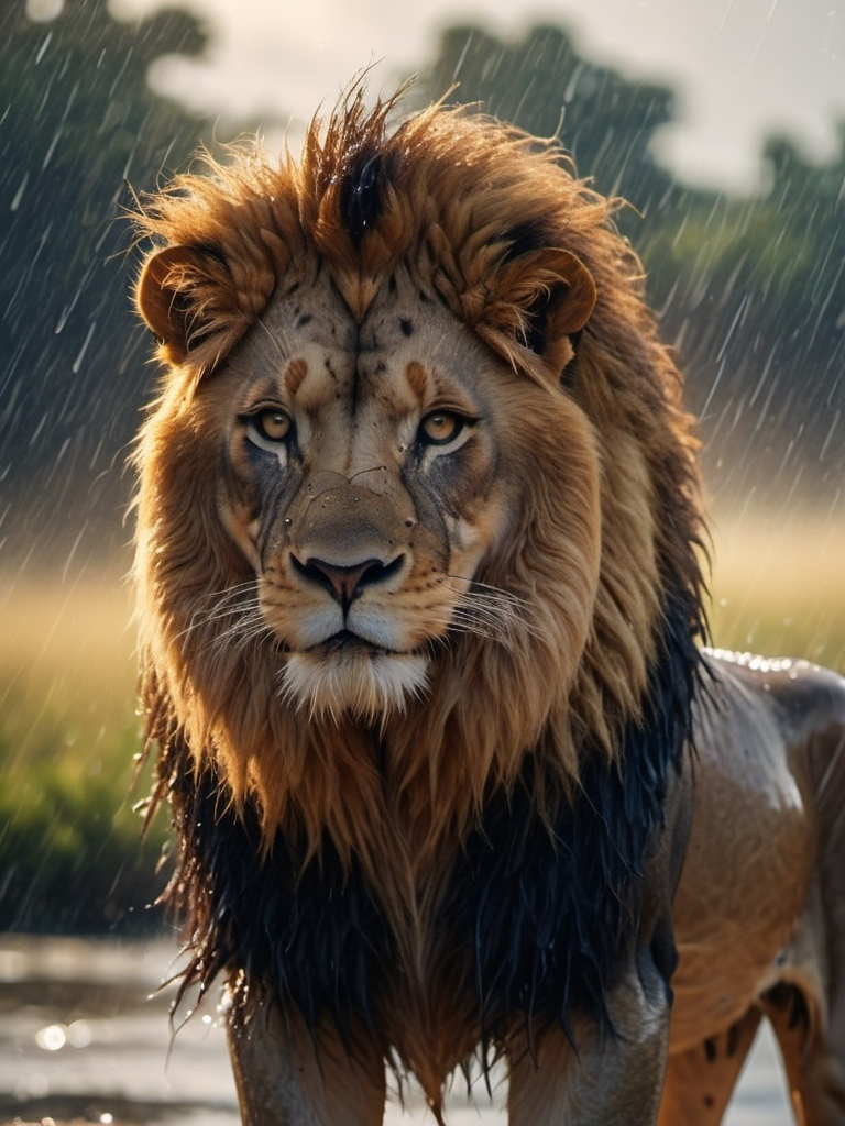 Prompt: A lion with a beautiful mane standing in the rain 
