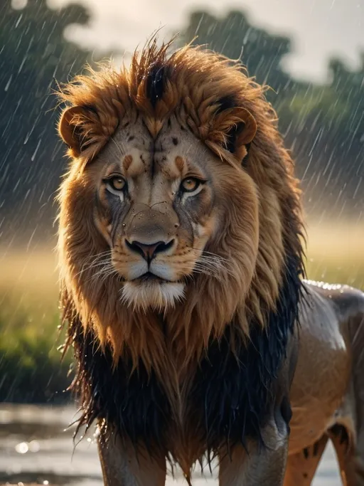 Prompt: A lion with a beautiful mane standing in the rain 
