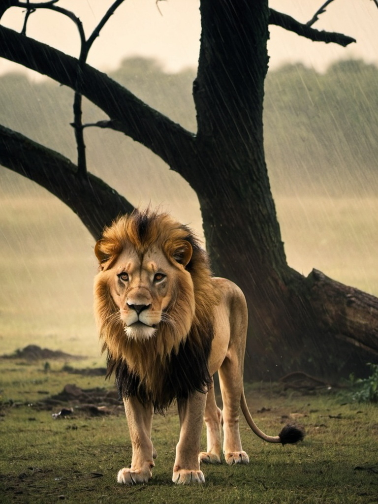 Prompt: A lion with a beautiful mane standing in the rain 
