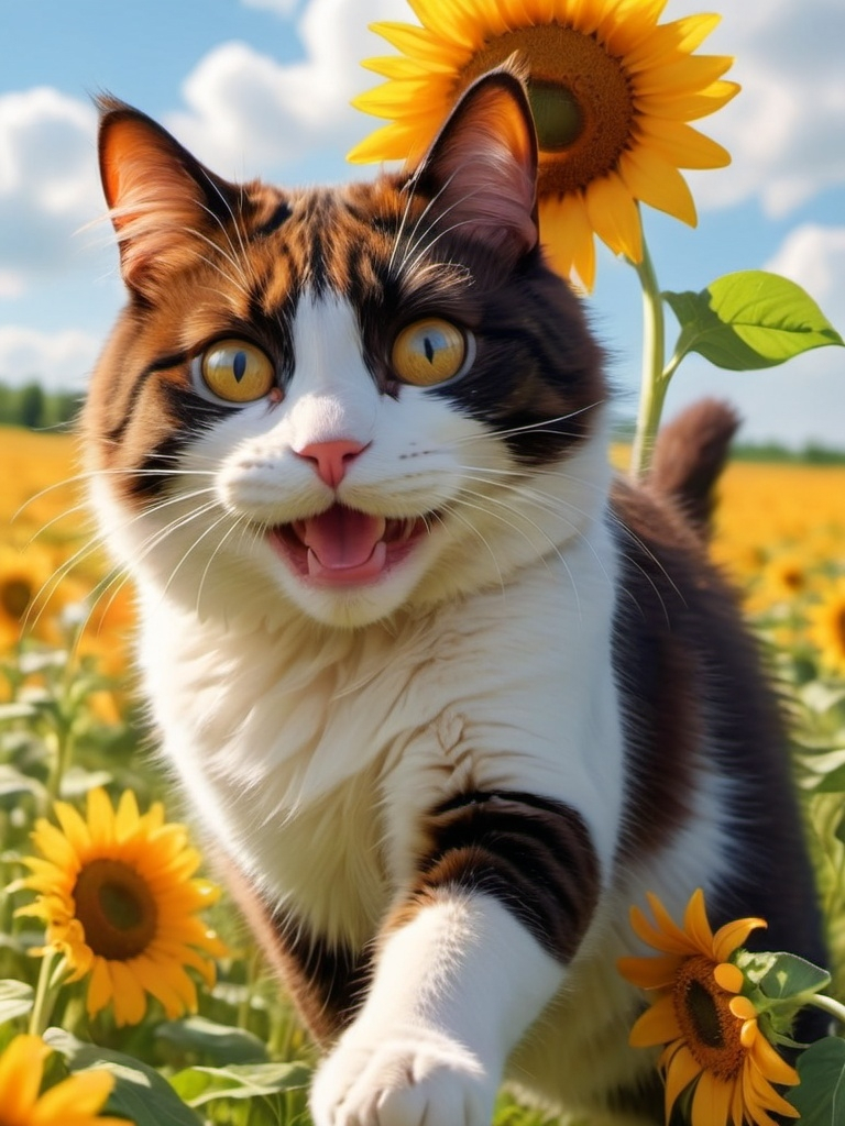 Prompt: A happy orange cat dancing in the field
