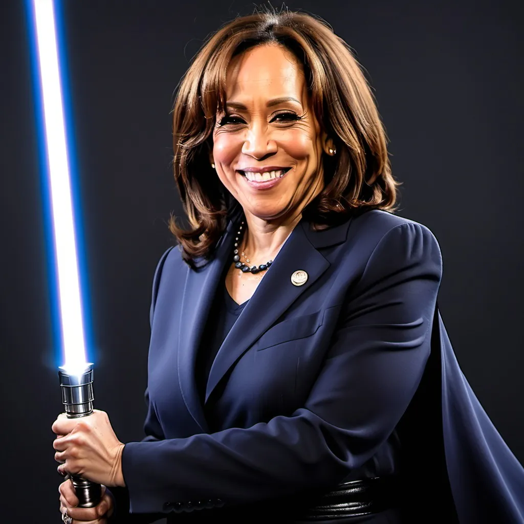 Prompt: a smiling kamala harris holding a light saber over darth vader