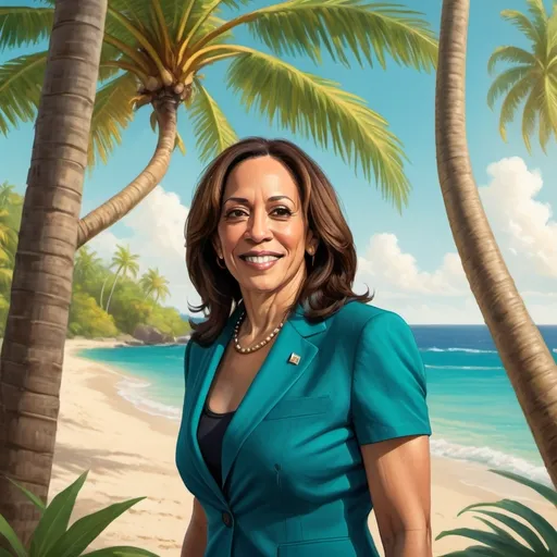 Prompt: Kamala harris standing under a coconut tree on a small island
