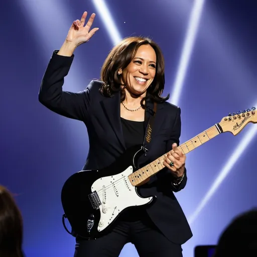 Prompt: a smiling Kamala Harris playing a Stratocaster guitar on a stage with a llght show behind her
