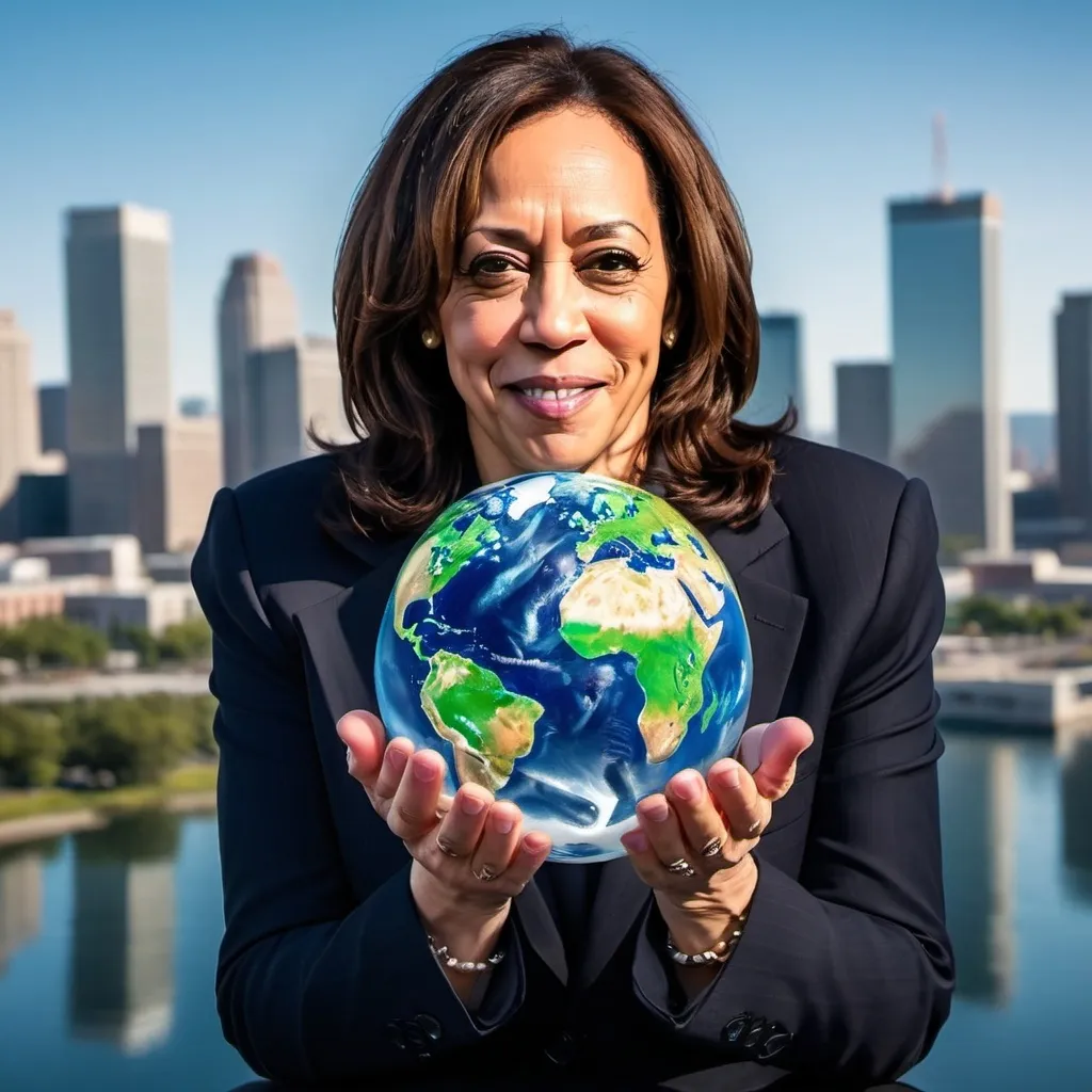 Prompt: kamala harris holding the earth with a melting ice cube 
icecube stting on top of the earth
