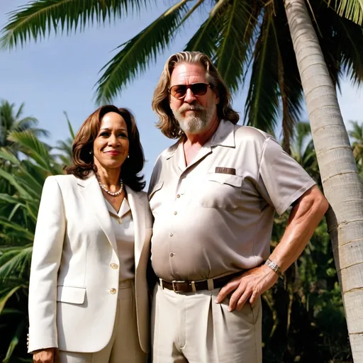 Prompt: Jeff Bridges as the Dude from the Big Lebowski standing next to Kamala Harris by a coconut tree